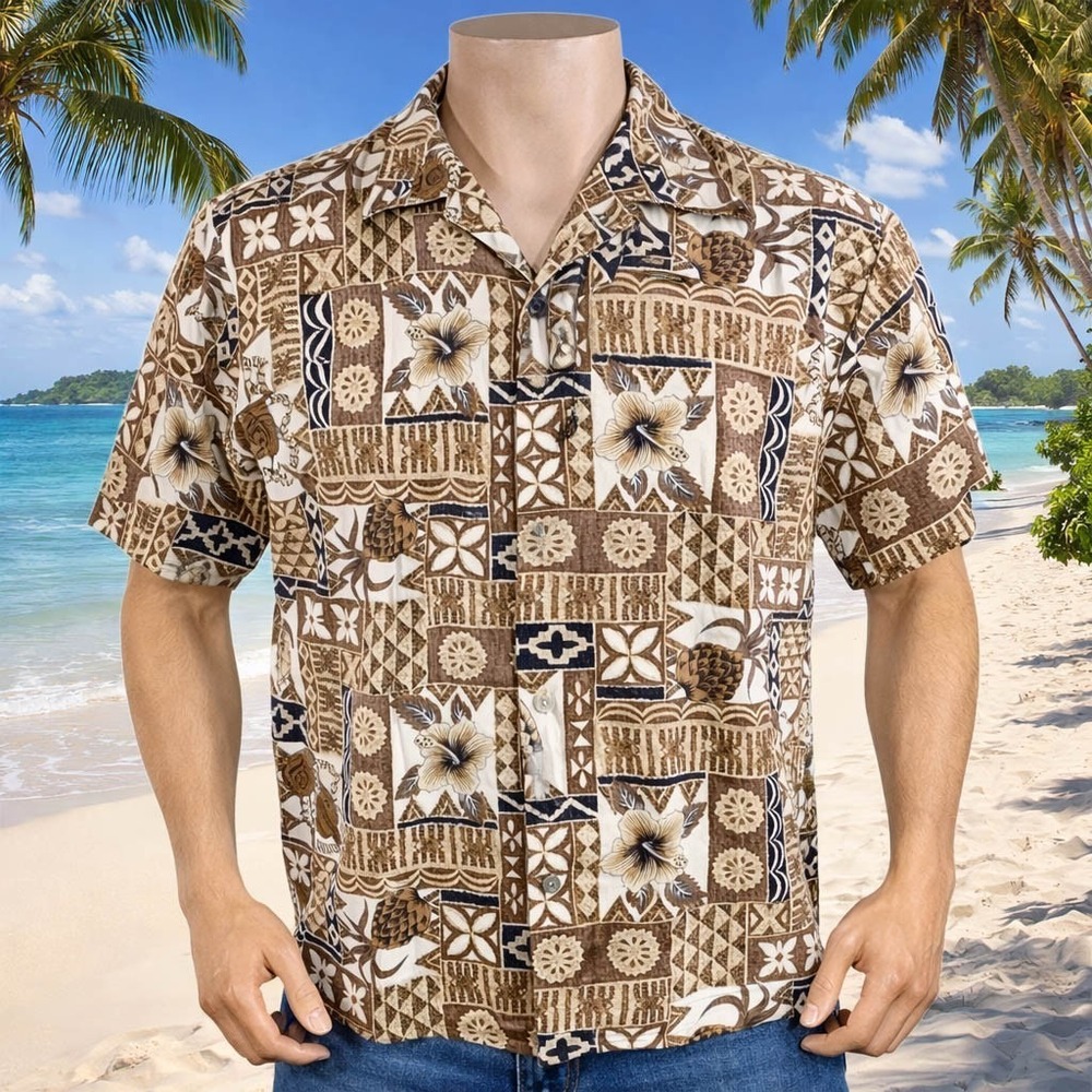Howie Hawaiian Aloha Shirt Large Hibiscus Ukuleles Pineapples Reverse Print